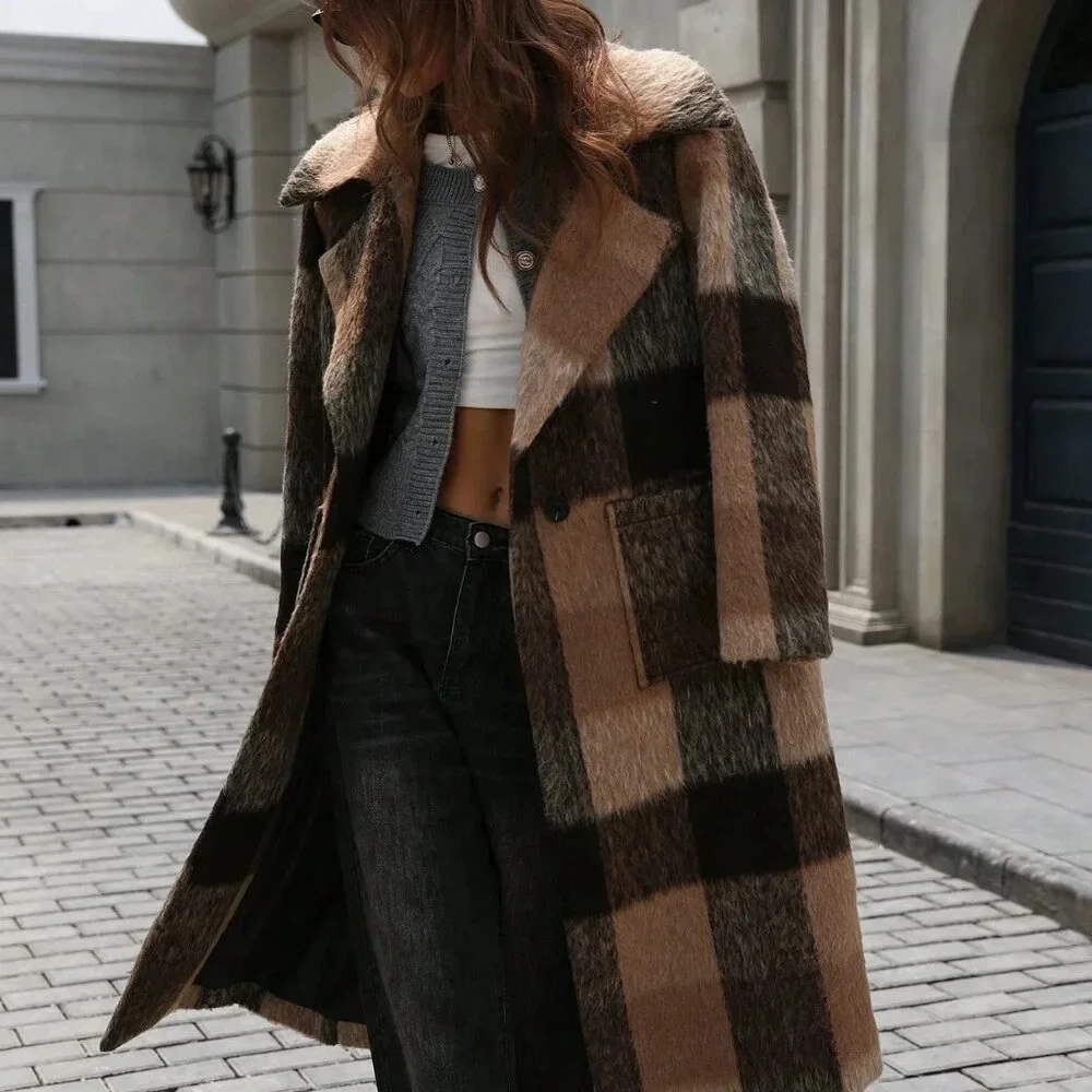 Multicolor Casual Women's Plaid Lapel Wool Blend Long Sleeve Cardigan Coat